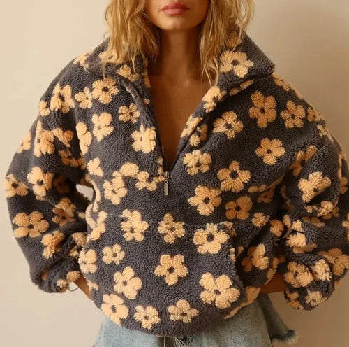 Women's Top Autumn Winter 2025 New Fashion Imitation Lamb Wool Printed Loose Zipper Hoodie Long Sleeve Top for Women FEMI.Amsterdam