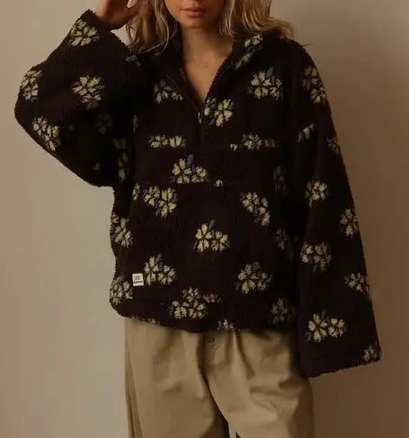 Women's Top Autumn Winter 2025 New Fashion Imitation Lamb Wool Printed Loose Zipper Hoodie Long Sleeve Top for Women FEMI.Amsterdam