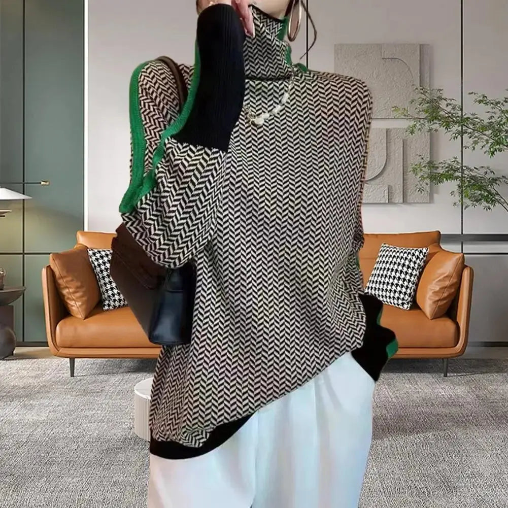 Losvallende damessweater Lichtgewicht stoffen trui Contrasterende kleur gebreide trui Stijlvol ontwerp met hoge kraag en lange mouwen voor dames FEMI.Amsterdam